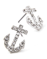 Sparkling Crystal Embellished 3/4 Nautical Anchor Stud Earrings - Silver Rhodium Plated