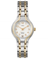 A beautiful Timex watch with shining, classic design. Goldtone and silvertone stainless steel expansion bracelet and round mixed metal case. White dial with goldtone numerals, logo and date window. Analog movement. Water resistant to 30 meters. One-year limited warranty. A beautiful Timex watch with shining, classic design. Goldtone and silvertone stainless steel expansion bracelet and round mixed metal case. White dial with goldtone numerals, logo and date window. Analog movement. Water resistant to 30 meters. One-year limited warranty.