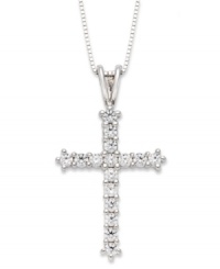 A sparkling representation of your faith. Crafted in 14k white gold, this stunning cross pendant is covered in round-cut diamonds (1/2 ct. t.w.). Approximate length: 18 inches. Approximate drop: 11/16 inch. A sparkling representation of your faith. Crafted in 14k white gold, this stunning cross pendant is covered in round-cut diamonds (1/2 ct. t.w.). Approximate length: 18 inches. Approximate drop: 11/16 inch.