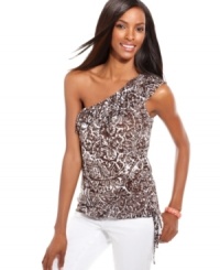 A dappled print and the sexy one-shouldered styling make INC's dramatic top stand out! Pair with white denim or a simple skirt. A dappled print and the sexy one-shouldered styling make INC's dramatic top stand out! Pair with white denim or a simple skirt.