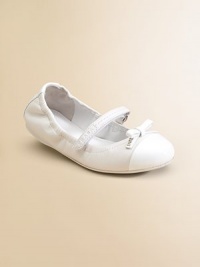 Scrunchy leather ballet flats with a patent cap toe, adjustable grip-tape strap, a sweet bow and logo.Adjustable grip-tape strapLeather upperRubber solePadded insoleImported Scrunchy leather ballet flats with a patent cap toe, adjustable grip-tape strap, a sweet bow and logo.Adjustable grip-tape strapLeather upperRubber solePadded insoleImported