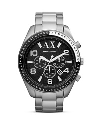 Whether styled sporty or sophisticated, this solid Armani Exchange stainless steel watch can keep up, topped by a handsome chronograph dial and logo-embellished bezel. Whether styled sporty or sophisticated, this solid Armani Exchange stainless steel watch can keep up, topped by a handsome chronograph dial and logo-embellished bezel.