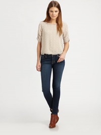 Delicate eyelet crafted with ruched sleeves and frayed edges in cropped, vintage-inspired style.BoatneckThree-quarter sleevesFlat frontBack keyhole closureAbout 20 from shoulder to hemCottonDry cleanImportedModel shown is 5'8½ (174cm) wearing US size Small. Delicate eyelet crafted with ruched sleeves and frayed edges in cropped, vintage-inspired style.BoatneckThree-quarter sleevesFlat frontBack keyhole closureAbout 20 from shoulder to hemCottonDry cleanImportedModel shown is 5'8½ (174cm) wearing US size Small.