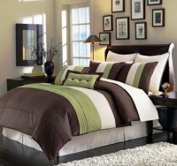 8 Pieces Beige, Green and Brown Luxury Stripe Comforter (104 X 92) Bed-in-a-bag Set King Size Bedding