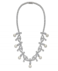 Face forward in style. Eliot Danori's exquisite frontal necklace exudes elegance with a sweet, shimmering mix of simulated pearls (8 mm) and cubic zirconias (1/2 ct. t.w.). Set in rhodium-plated mixed metal. Approximate length: 29 to 37 inches. Face forward in style. Eliot Danori's exquisite frontal necklace exudes elegance with a sweet, shimmering mix of simulated pearls (8 mm) and cubic zirconias (1/2 ct. t.w.). Set in rhodium-plated mixed metal. Approximate length: 29 to 37 inches.
