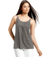 INC's petite top is full of flattering features! From the rhinestone-embellished scoop-neck to the simple front pleats -- it's a perfect warm-weather top! INC's petite top is full of flattering features! From the rhinestone-embellished scoop-neck to the simple front pleats -- it's a perfect warm-weather top!