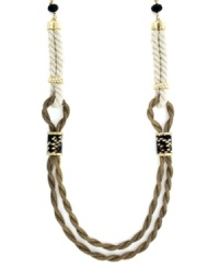 Nautical chic. A unique blend of doubled rope and mesh comprise Jessica Simpson's trendy necklace. Python print corners and plastic beads add extra panache. Crafted in gold tone mixed metal. Approximate length: 27 inches. Nautical chic. A unique blend of doubled rope and mesh comprise Jessica Simpson's trendy necklace. Python print corners and plastic beads add extra panache. Crafted in gold tone mixed metal. Approximate length: 27 inches.