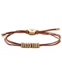 A fierce fashion choice. Fossil's leather bracelet features beads crafted from gold-tone mixed metal for an extra dose of style. Approximate diameter: 2-1/2 inches. A fierce fashion choice. Fossil's leather bracelet features beads crafted from gold-tone mixed metal for an extra dose of style. Approximate diameter: 2-1/2 inches.