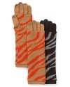 Aqua's touch-screen compatible gloves are as versatile as they are fabulous-they can be worn as long, printed gloves; short, solid gloves; or as zebra-printed armwarmers.