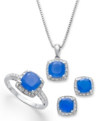 True blue. Surround yourself in dark blue agate with this gorgeous pendant set. Each piece of agate (4-1/10 ct. t.w.) is surrounded by a sleek ring of diamond accents to make this set really sparkle. Approximate length (necklace): 18 inches. Approximate drop (pendant): 1/4 inch. Approximate earring measurement: 1/4 inch. Ring size 7. True blue. Surround yourself in dark blue agate with this gorgeous pendant set. Each piece of agate (4-1/10 ct. t.w.) is surrounded by a sleek ring of diamond accents to make this set really sparkle. Approximate length (necklace): 18 inches. Approximate drop (pendant): 1/4 inch. Approximate earring measurement: 1/4 inch. Ring size 7.