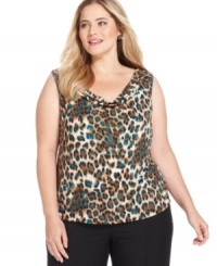 Tahari by ASL creates a work-friendly plus size top in bold animal print with touches of teal for extra pop. Perfect for layering with tailored suits and separates.