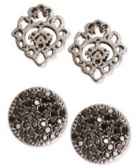 Subtle styles make bold statements in this stud earring set from Lucky Brand. Crafted from silver-tone mixed metal, one pair features an ornate openwork pattern, while the other uses glass accents for a fashionable touch. Approximate drop: 1/2 inch. Subtle styles make bold statements in this stud earring set from Lucky Brand. Crafted from silver-tone mixed metal, one pair features an ornate openwork pattern, while the other uses glass accents for a fashionable touch. Approximate drop: 1/2 inch.