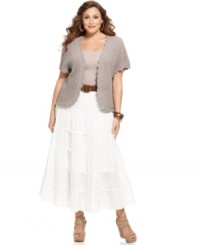 Add a charming layer to your sleeveless looks with Style&co.'s short sleeve plus size cardigan, accented by scalloped trim. Add a charming layer to your sleeveless looks with Style&co.'s short sleeve plus size cardigan, accented by scalloped trim.