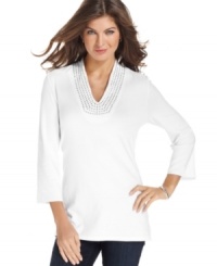 Jones New York Signature's studded tunic adds a sparkling touch to your weekend wardrobe. Jones New York Signature's studded tunic adds a sparkling touch to your weekend wardrobe.