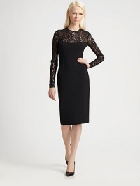 Double-faced stretch wool crepe, tailored in a form-fitting silhouette and crowned with alluring lace panels.Jewel necklineLace yoke and backLong lace sleevesPrincess seamsBack ventBack zipAbout 28 from natural waist96% wool/4% elastaneDry cleanMade in ItalyModel shown is 5'10 (177cm) wearing US size 4. Double-faced stretch wool crepe, tailored in a form-fitting silhouette and crowned with alluring lace panels.Jewel necklineLace yoke and backLong lace sleevesPrincess seamsBack ventBack zipAbout 28 from natural waist96% wool/4% elastaneDry cleanMade in ItalyModel shown is 5'10 (177cm) wearing US size 4.