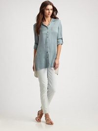 Muted colorblocking lends a tranquil look to this elegant tunic.Collar neckRoll-tab sleevesButton frontHigh-low hemPleat detail at back yokeAbout 30 from shoulder to hem51% viscose/49% silkDry cleanImported Model shown is 5'10 (177cm) wearing US size 4. OUR FIT MODEL RECOMMENDS ordering true size. Muted colorblocking lends a tranquil look to this elegant tunic.Collar neckRoll-tab sleevesButton frontHigh-low hemPleat detail at back yokeAbout 30 from shoulder to hem51% viscose/49% silkDry cleanImported Model shown is 5'10 (177cm) wearing US size 4. OUR FIT MODEL RECOMMENDS ordering true size.