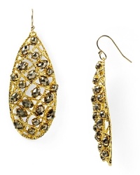 Woven touches and ornate pyrite stone embellishments evoke textured drama on this pair of Alexis Bittar drop earrings, finished in gold plated metal. Woven touches and ornate pyrite stone embellishments evoke textured drama on this pair of Alexis Bittar drop earrings, finished in gold plated metal.