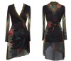 Michal Negrin Long Sleeves Black Wrap Cardigan Crafted with Victorian Roses Pattern, Pleating, Merrow Edge Finish, Asymmetrical Hemline, Metallic Lace and Velvet Trim - Size M