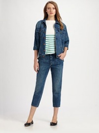 Classic denim in the perfect worn-in wash, in a cropped style accented with rivet details.Zip fly with button closureSelf waistband with belt loopsSide slash pocketsPatch pocket at left kneeBack patch pocketsBack triangle inset with rivet detailInseam, about 23½60% cotton/40% linenDry cleanMade in USA of imported fabricModel shown is 5'10 (177cm) wearing US size 4. Classic denim in the perfect worn-in wash, in a cropped style accented with rivet details.Zip fly with button closureSelf waistband with belt loopsSide slash pocketsPatch pocket at left kneeBack patch pocketsBack triangle inset with rivet detailInseam, about 23½60% cotton/40% linenDry cleanMade in USA of imported fabricModel shown is 5'10 (177cm) wearing US size 4.