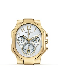 Philip Stein® oblong chronograph watch head in goldplate features Arabic numbers and 3-eye design. Philip Stein® oblong chronograph watch head in goldplate features Arabic numbers and 3-eye design.