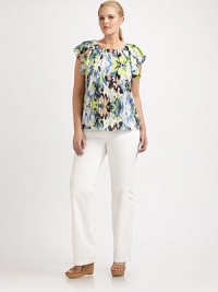 A pretty print meets a flirty fit for a lively design with chic flutter sleeves.Square necklineFlutter sleevesAbout 28 from shoulder to hemViscoseDry cleanMade in USA A pretty print meets a flirty fit for a lively design with chic flutter sleeves.Square necklineFlutter sleevesAbout 28 from shoulder to hemViscoseDry cleanMade in USA