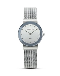 Classic elegance, watch features a slim stainless steel case with a mirror border, light blue dial, and Skagen's signature mesh band.