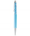 The write touch. Swarovski's pen, with silver-tone and blue details, is filled with aquamarine crystals for a sparkling statement. Item comes packaged in a velvet pouch. Approximate size: 5-3/5 x 4/10 inches. Black ink.