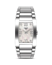 Featuring a quartz ETA movement, scratch-resistant sapphire crystal, and a mother of pearl dial detailed with sparkling diamonds, Tissot's Generosi-T watch lends a luxe, ladylike look. Featuring a quartz ETA movement, scratch-resistant sapphire crystal, and a mother of pearl dial detailed with sparkling diamonds, Tissot's Generosi-T watch lends a luxe, ladylike look.