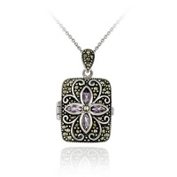 Sterling Silver Amethyst Flower Marcasite Locket Necklace, 18 Sterling Silver Amethyst Flower Marcasite Locket Necklace, 18