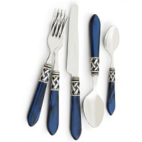 The opalescent elegance of mother-of-pearl is enhanced by intricate lattice metalwork in the Aladdin flatware collection from Vietri, designed to be as dramatically stylish as it is durable.
