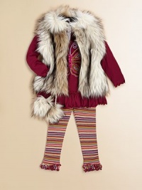 Transform any outfit to wintery chic with this speckled faux fur vest, adorned with pom pom accents.Fluffy collarFront zip closureFully linedAcrylic/polyesterMachine washImported Transform any outfit to wintery chic with this speckled faux fur vest, adorned with pom pom accents.Fluffy collarFront zip closureFully linedAcrylic/polyesterMachine washImported
