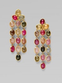 Beautiful sapphires in a multitude of colors set in radiant 18k gold in an elegant chandelier design. Multi-color sapphires18k goldLength, about 2¼Post backMade in Italy Beautiful sapphires in a multitude of colors set in radiant 18k gold in an elegant chandelier design. Multi-color sapphires18k goldLength, about 2¼Post backMade in Italy