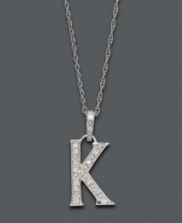 Spell it out in sparkle! This personalized initial charm necklace makes the perfect gift for Karen or Kate. Features sparkling, round-cut diamond accents. Setting and chain crafted in 14k white gold. Approximate length: 18 inches. Approximate drop: 1/2 inch. Spell it out in sparkle! This personalized initial charm necklace makes the perfect gift for Karen or Kate. Features sparkling, round-cut diamond accents. Setting and chain crafted in 14k white gold. Approximate length: 18 inches. Approximate drop: 1/2 inch.