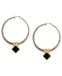 Shapely chic. These hoop earrings from RACHEL Rachel Roy are crafted from silver-ox-tone mixed metal with glass stones adding a shining touch. Square jet-colored stones enhance the bold effect. Approximate drop: 3 inches. Approximate diameter: 1/4 inch. Shapely chic. These hoop earrings from RACHEL Rachel Roy are crafted from silver-ox-tone mixed metal with glass stones adding a shining touch. Square jet-colored stones enhance the bold effect. Approximate drop: 3 inches. Approximate diameter: 1/4 inch.