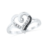 Platinum Plated Sterling Silver Black And White Round Diamond Heart Ring (1/20 cttw)