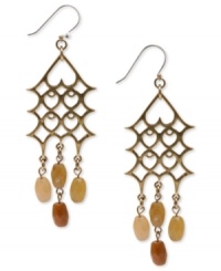 Open to the idea of something different? Lucky Brand's chandelier earrings are crafted of gold tone mixed metal and feature semi-precious yellow jade accents. Approximate drop: 3 inches. Open to the idea of something different? Lucky Brand's chandelier earrings are crafted of gold tone mixed metal and feature semi-precious yellow jade accents. Approximate drop: 3 inches.
