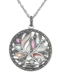 A natural selection. Genevieve & Grace's sterling silver necklace is centered by a pendant with a vibrant leaf motif. Marcasite and mother of pearl blend harmoniously. Approximate length: 18 inches. Approximate drop: 2 inches. Approximate drop width: 1-1/2 inches. A natural selection. Genevieve & Grace's sterling silver necklace is centered by a pendant with a vibrant leaf motif. Marcasite and mother of pearl blend harmoniously. Approximate length: 18 inches. Approximate drop: 2 inches. Approximate drop width: 1-1/2 inches.