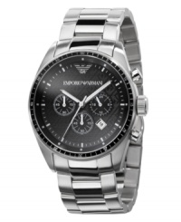 Sporty style with a luxe edge from Emporio Armani. Stainless steel bracelet and case. Black chronograph dial with logo, date window, silvertone accents and three subdials. Three hands. Quartz movement. Water resistant to 50 meters. Two-year limited warranty. Sporty style with a luxe edge from Emporio Armani. Stainless steel bracelet and case. Black chronograph dial with logo, date window, silvertone accents and three subdials. Three hands. Quartz movement. Water resistant to 50 meters. Two-year limited warranty.