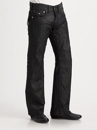 A relaxed fit with modern sensibilities, rendered with stitched flap pockets and occasional wrinkles in washed black denim. Five-pocket styleStitched flap back pocketsInseam, about 34CottonMachine washMade in USA A relaxed fit with modern sensibilities, rendered with stitched flap pockets and occasional wrinkles in washed black denim. Five-pocket styleStitched flap back pocketsInseam, about 34CottonMachine washMade in USA
