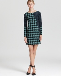Patchwork houndstooth prints infuse a classic silhouette with modern style. Shift dress by Tibi. Patchwork houndstooth prints infuse a classic silhouette with modern style. Shift dress by Tibi.