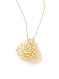 THE LOOKDruzy pendant with cubic zirconia accent Seafan detailBall chain18k yellow goldplated brassCircle claspTHE MEASUREMENTPendant width, about 1Pendant length, about 1.5Length, about 20ORIGINMade in USA THE LOOKDruzy pendant with cubic zirconia accent Seafan detailBall chain18k yellow goldplated brassCircle claspTHE MEASUREMENTPendant width, about 1Pendant length, about 1.5Length, about 20ORIGINMade in USA