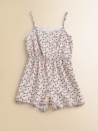 This perky one-piece is splashed with vivid polka dots for the perfect warm weather ensemble.ScoopneckSpaghetti strapsPull-on styleElastic waistShell: 96% cotton/4% spandexCombo: 93% cotton/7% spandexDry cleanMade in the USA This perky one-piece is splashed with vivid polka dots for the perfect warm weather ensemble.ScoopneckSpaghetti strapsPull-on styleElastic waistShell: 96% cotton/4% spandexCombo: 93% cotton/7% spandexDry cleanMade in the USA