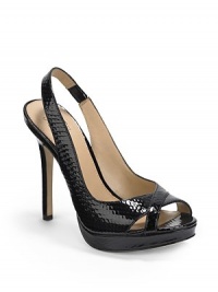 THE LOOKPeep toeCrisscross strap at vampSnake-embossed patent leather upperElastic inset at slingback strapSelf-covered heel, 4½ (115mm)Self-covered platform, ½ (15mm)Compares to a 4 heel (100mm)THE MATERIALPatent leather upperLeather lining and soleORIGINImportedThis item was originally available for purchase at Saks Fifth Avenue OFF 5TH stores. THE LOOKPeep toeCrisscross strap at vampSnake-embossed patent leather upperElastic inset at slingback strapSelf-covered heel, 4½ (115mm)Self-covered platform, ½ (15mm)Compares to a 4 heel (100mm)THE MATERIALPatent leather upperLeather lining and soleORIGINImportedThis item was originally available for purchase at Saks Fifth Avenue OFF 5TH stores.