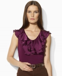 Two layers of sultry ruffles lend feminine appeal to Lauren by Ralph Lauren's sleek jersey sleeveless top. Two layers of sultry ruffles lend feminine appeal to Lauren by Ralph Lauren's sleek jersey sleeveless top.