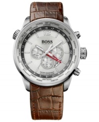 For the world traveler: this Hugo Boss watch upgrades your look with rich leather, while keeping you up-to-date with a world timer. For the world traveler: this Hugo Boss watch upgrades your look with rich leather, while keeping you up-to-date with a world timer.