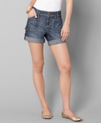 Tommy Hilfiger's cuffed jean shorts add a vacation-worthy relaxed feel to any outfit. The utility pockets are an extra unique touch. Tommy Hilfiger's cuffed jean shorts add a vacation-worthy relaxed feel to any outfit. The utility pockets are an extra unique touch.