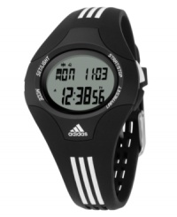 Sleek and sporty, this adidas watch is at the top of its class in style and function. Black and white polyurethane strap and oval-shaped polycarbonate case. Logo at bezel. Positive display digital dial with time, seconds, date, day and alarm. Quartz movement. Water resistant to 50 meters. Two-year limited warranty. Sleek and sporty, this adidas watch is at the top of its class in style and function. Black and white polyurethane strap and oval-shaped polycarbonate case. Logo at bezel. Positive display digital dial with time, seconds, date, day and alarm. Quartz movement. Water resistant to 50 meters. Two-year limited warranty.