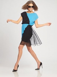 Gorgeous silk chiffon, boldly colorblocked in a shapely blouson shift.BoatneckDropped shouldersShort sleevesBlouson bodiceElastic waistCut-out backCenter back zipperAbout 20 from natural waist96% silk/4% spandexDry cleanImportedModel shown is 5'11 (180cm) wearing US size Small. Gorgeous silk chiffon, boldly colorblocked in a shapely blouson shift.BoatneckDropped shouldersShort sleevesBlouson bodiceElastic waistCut-out backCenter back zipperAbout 20 from natural waist96% silk/4% spandexDry cleanImportedModel shown is 5'11 (180cm) wearing US size Small.