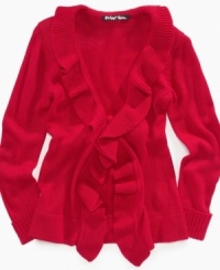 Very soft cardigan by Planet Gold with cascading ruffle lapel is available in assorted winter colors. Makes a great gift. Very soft cardigan by Planet Gold with cascading ruffle lapel is available in assorted winter colors. Makes a great gift.