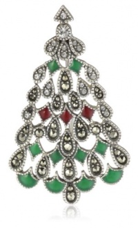 Judith Jack Winter Sparkle Sterling Silver, Marcasite and Enamel Giftable Christmas Tree Brooch